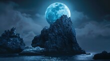 A Giant Stone Rock On The Sea, Glowing Blue Moon In Sky 