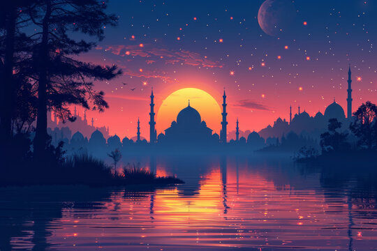 Free vector eid mubarak festival mosque greeting background,generative ai