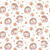 Fototapeta Kosmos - Cute cartoon hedgehog with hearts gifts and rose flowers, lovely vector kids seamless pattern.