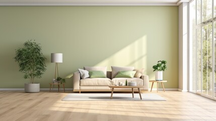 A cozy, bright apartment with huge panoramic windows flooded with sunlight. bedroom in white, beige and pistachio tones. stylish living room with coffee table and large white sofa