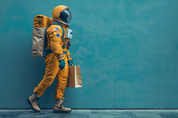 Wall Mural - an astronaut is carrying two shopping bags against a vivid mint blue background generative ai