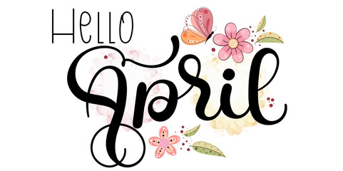 Wall Mural - Hello april with flowers, ornaments, butterfly and leaves. Illustration april month