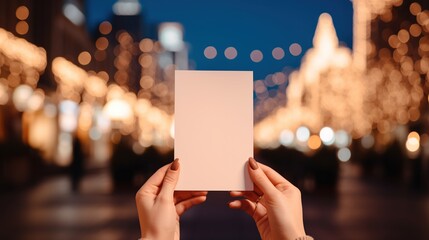 Close-up of a greeting card made of white paper held by a woman against a blurred night city background. Generative AI