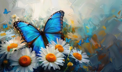 Colorful blue tropical morpho butterfly on delicate daisy flowers painted with oil paint