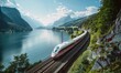 High-speed train driving through a beautiful landscape with a river and a forest - preserving nature with sustainable transportation
