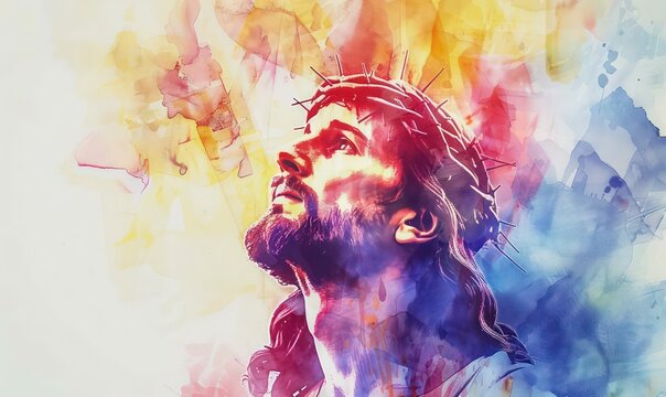 Watercolor Illustration Jesus Christ Praying illustration. Jesus Christ in worship. Abstract watercolor background