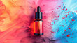 vibrant colorful background with a glass dropper bottle, abstract paint texture with red and blue hues