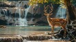 Majestic Sambar Deer Beside Lush Waterfall and Bayan Tree Roots in Pristine Forest