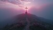 The solitary cross at sunrise symbolizes a quiet beacon of optimism amidst economic recovery.
