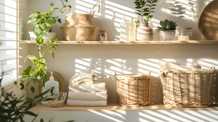 Scandinavian-inspired utility space with natural textures and white storage solutions.