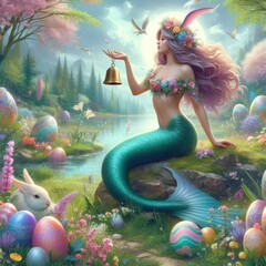 Wall Mural - mermaid with a bell fantasy easter landscape