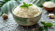 raw White rice in a bowl on a background of green leaves.generative ai