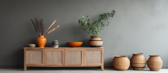 Poster - A close-up view of a wooden cabinet containing various vases and a green plant