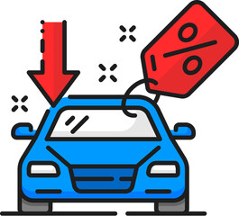 Aufkleber - Car company, dealership discount, auto dealer linear icon. Vehicle salon, automobile center or car shop linear vector symbol. Auto sale dealership line pictogram or icon with price drop offer tag