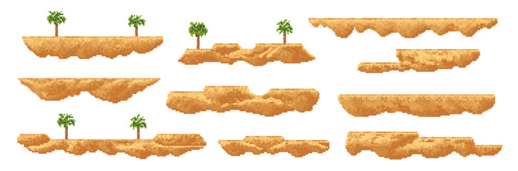 Poster - 8 bit arcade pixel art game palm, sand dunes and oasis platforms, vector UI environment assets. Retro 2d video game floating jump platforms, exotic beach islands and desert blocks with tropical trees