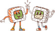Cartoon japanese rolls couple groovy characters gleefully give each other high five. Two vibrant vector japan food or asian seafood personages with happy faces showing delightful moment of friendship