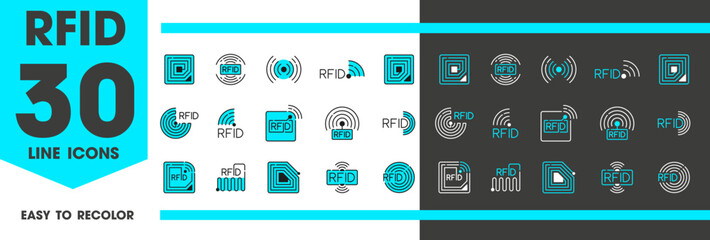Poster - rfid icons of radio frequency identification tags in digital technology, vector line symbols. rfid i