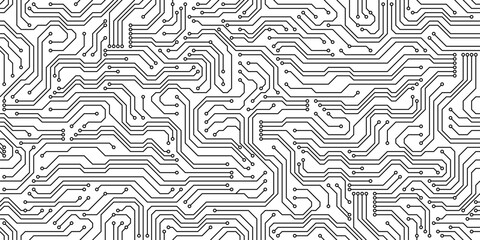Poster - circuit board seamless pattern, computer motherboard background. vector technology motif with chips,