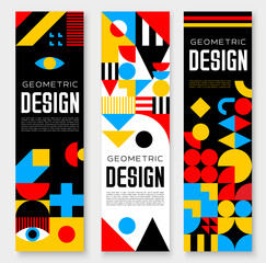Poster - Abstract futuristic banner with geometric shapes and elements. Abstract vertical vector backgrounds or cover templates with geometry pattern, retro minimal graphic forms, lines and vibrant colors