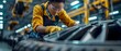 Mechanic producing carbon composite car parts at a manufacturing plant. Concept Carbon Composites, Manufacturing Process, Automotive Industry, Workplace Safety