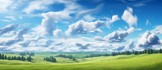 Canvas Print - A vibrant image on a computer screen displaying a picturesque green field with tall trees under a clear blue sky