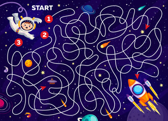 Poster - Kids space labyrinth maze game quiz with kid astronaut finding path to galaxy rocket, cartoon vector. Help kid spaceman to find way out to space shuttle in starry sky with alien UFO and asteroids