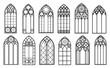 Catholic gothic church windows and medieval arch outline black silhouettes isolated vector set. Vintage stained glass frames. Traditional european architecture, cathedral interior monochrome elements