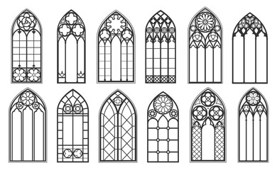 catholic gothic church windows and medieval arch outline black silhouettes isolated vector set. vint