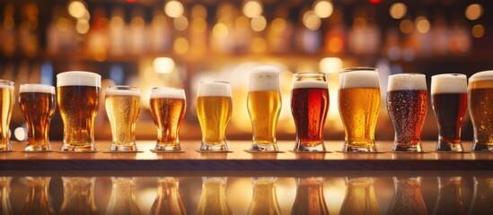 Canvas Print - A series of identical beer glasses arranged neatly on top of a counter in a bar setting