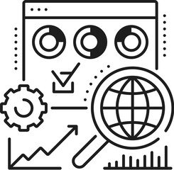 Poster - Web analyst, IT specialist icon for data management, analysis and web project report, line vector. Web analyst pictogram of data integrity and server security specialist in digital project performance