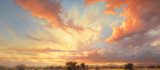 Poster - A serene painting capturing the beauty of a colorful sunset over a vast field, adorned with trees and clouds in the sky