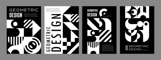 Aufkleber - Monochrome modern abstract geometric pattern posters and banners. Vector graphic backgrounds set of black white square, circle and triangle shapes mosaics. Trendy minimalist art geometric compositions
