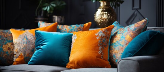 Sticker - A detailed shot of a small sofa adorned with an assortment of colorful throw pillows