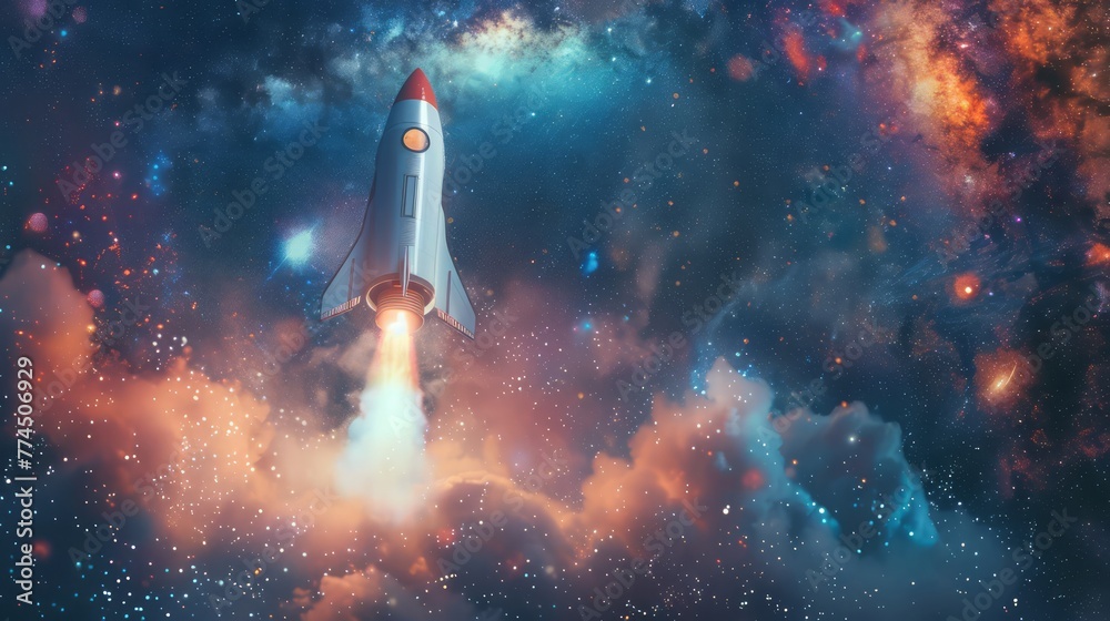 rocket blasting off into starry space, exploration and adventure Stock ...