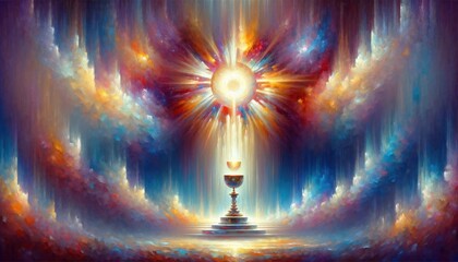Canvas Print - Eucharist. Digital illustration of chalice with sacred host in the light with dramatic sky.
