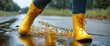 Women's feet in yellow rubber boots walk through a puddle. Water on the road. Walking in the rain.