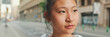 © Andrii Nekrasov - Closeup, Young woman standing next to the road. Girl looks around, Panorama