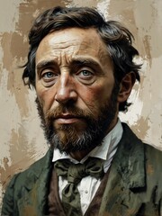 Wall Mural - henry david thoreau portrait oil pallet knife paint painting on canvas with large brush strokes art illustration on plain white background from Generative AI