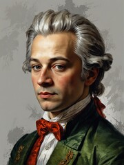 Poster - wolfgang amadeus mozart portrait oil pallet knife paint painting on canvas with large brush strokes art illustration on plain white background from Generative AI