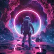 Astronaut in a suit going through a neon portal on a different planet in space in high resolution and high quality. astronaut concept,portal