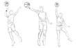 Set of basketball players jumping and throwing the ball, drawn in outlines, black on white background