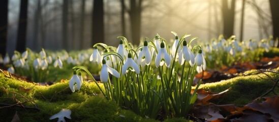 Wall Mural - Amidst the tranquil forest setting, delicate snowdrops bloom gracefully during the early hours of sunrise, casting a serene and enchanting ambiance in the wooded area