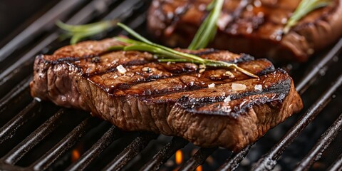 Two beef steaks cooking on a grill, producing sizzling sounds and savory aromas.