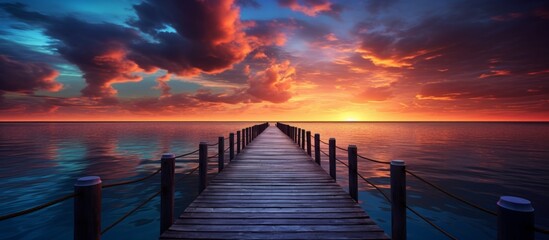 Canvas Print - A wooden pier extending towards the horizon over calm ocean waters during the golden hues of a sunset