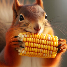 Squirrel Eating Ear Of Deer Corn On The Cob Sitting & Standing On Wooden Yard Picnic Table Smiling Showing Its' Teeth In Autumn. Chipmunk Competition. Like Watching A Movie At Theater Eating Popcorn