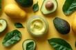 a jar of facial cream and cut avocados against a vivid yellow background,generative ai