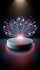 Wall Mural - podium with neon lights arranged in a blooming flower. 3d stage for product display. an abstract platform for product presentation. podium for advertisement. tech products mockup. empty studio room