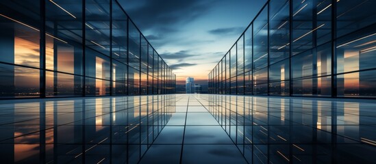 Poster - The transparent glass wall shows a clear reflection of the bustling city skyline, capturing buildings and lights