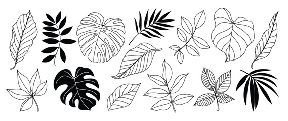 Poster - tropical leaves hand drawn line art and silhouette vector set. collection of leaf branch, monstera, 