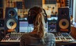 A female artist in a soundproof studio recording music with a computer mixing desk and audio engineer. Concept Music Production, photo from behind